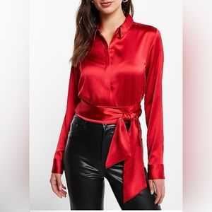 NWT Express red satin side tie portofino blouse. button down. $68 retail